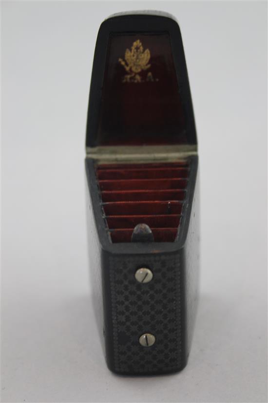 A late 19th century Russian black lacquered and pewter inlaid needle case, 2.25in.